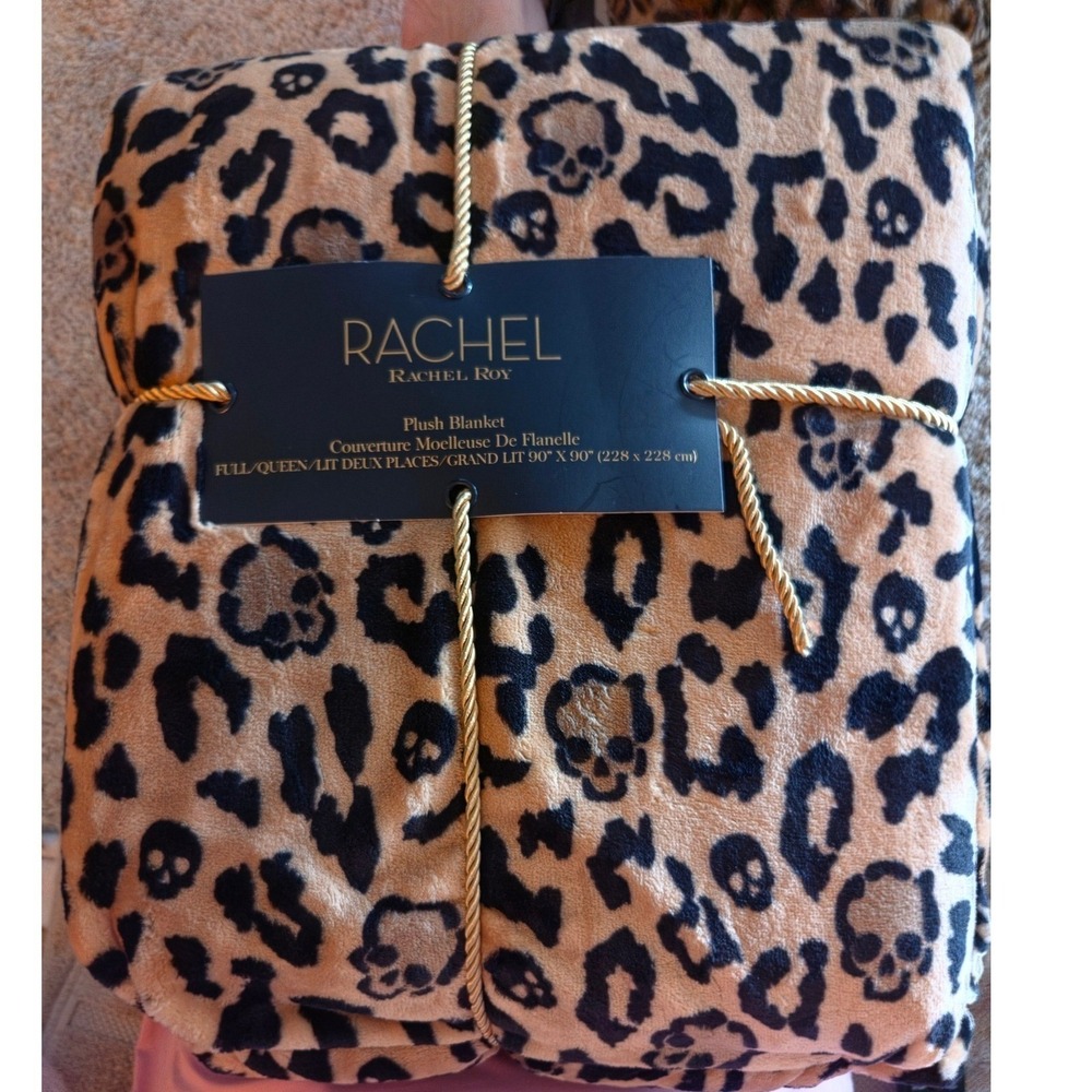 Rachel Roy Plush Blanket Full/Queen Tan Black New 90x90 Leopard Skull